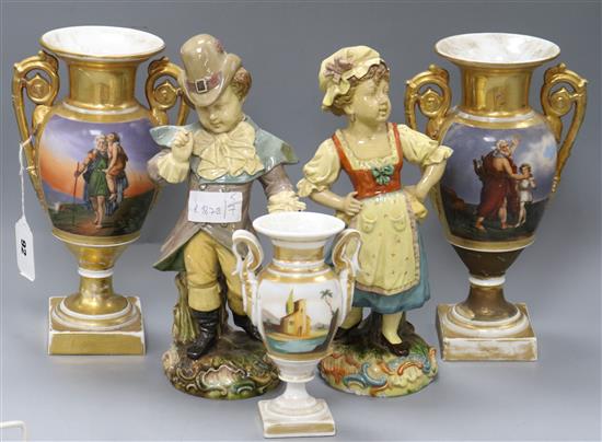 Three Paris porcelain vases and a pair of figures Tallest piece 30cm.